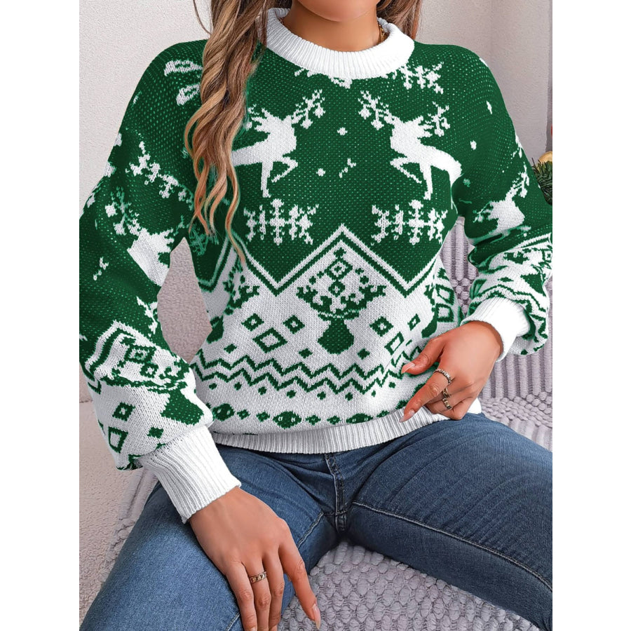 Christmas Element Round Neck Long Sleeve Sweater Dark Green / S Apparel and Accessories