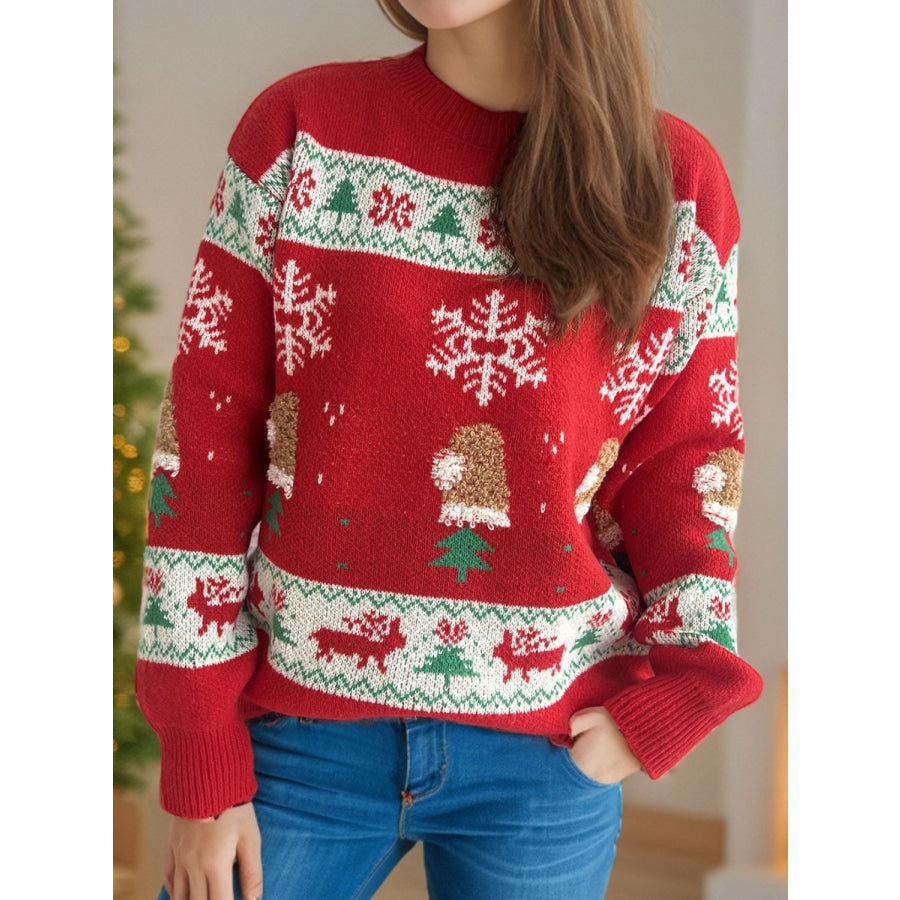 Christmas Element Round Neck Long Sleeve Sweater Deep Red / One Size Apparel and Accessories