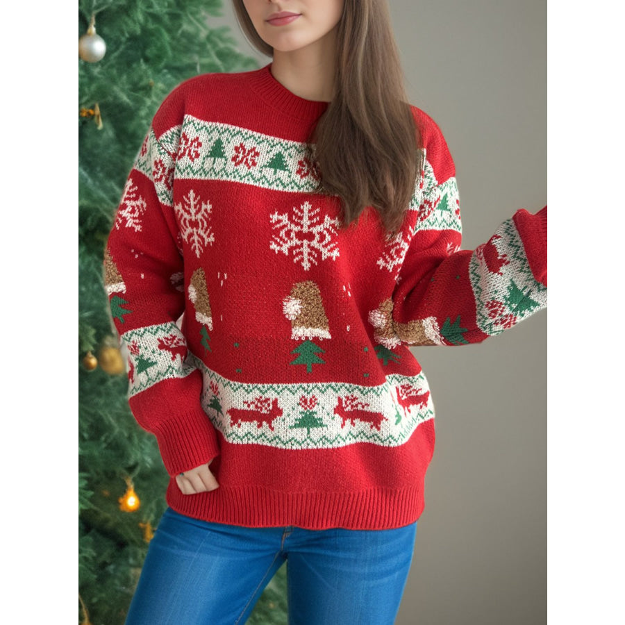 Christmas Element Round Neck Long Sleeve Sweater Deep Red / One Size Apparel and Accessories