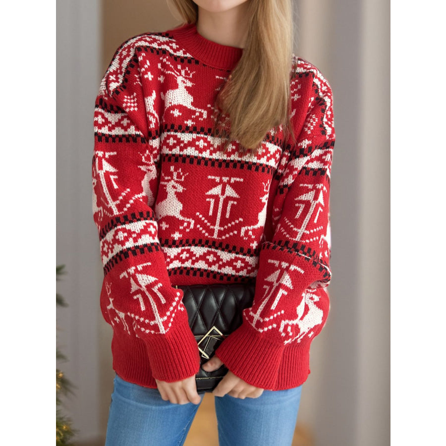 Christmas Element Round Neck Long Sleeve Sweater Deep Red / One Size Apparel and Accessories