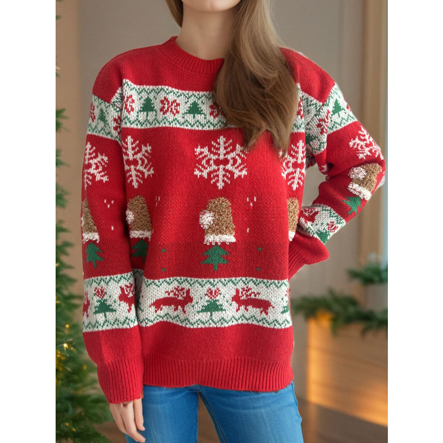 Christmas Element Round Neck Long Sleeve Sweater Deep Red / One Size Apparel and Accessories