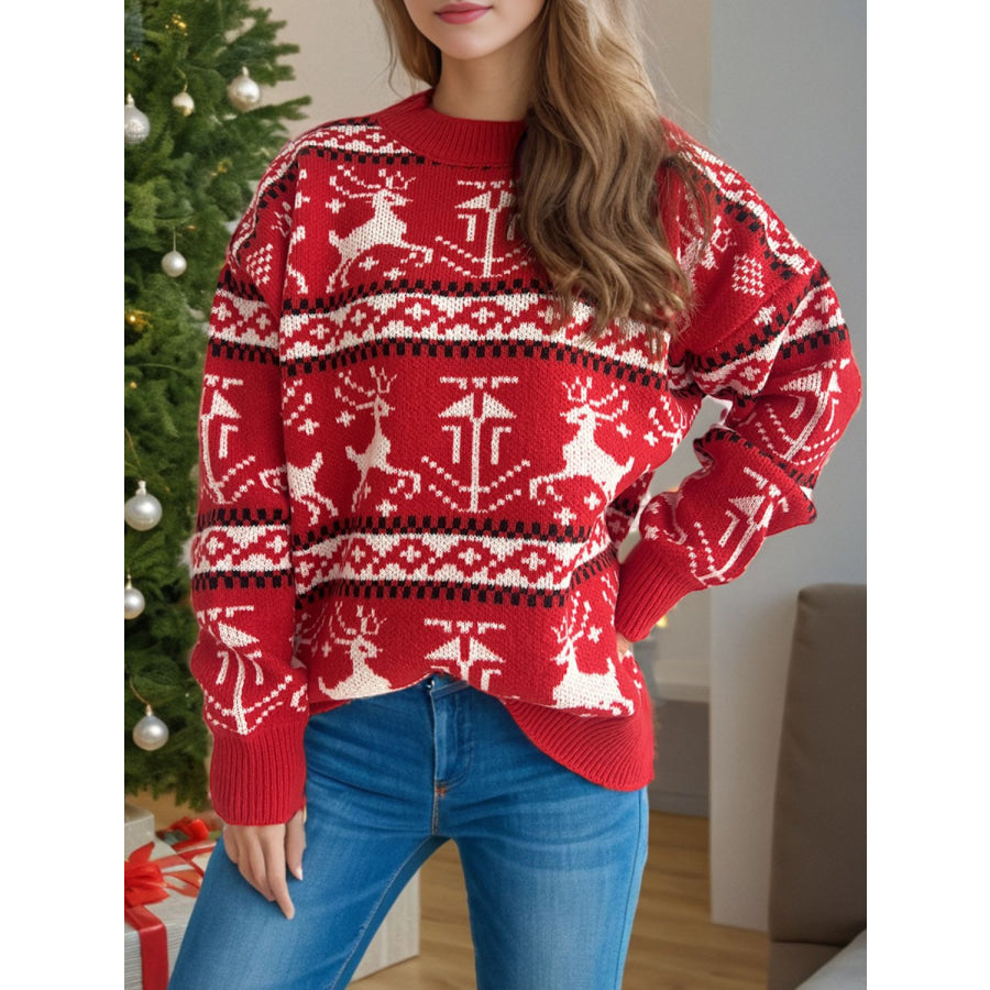 Christmas Element Round Neck Long Sleeve Sweater Deep Red / One Size Apparel and Accessories