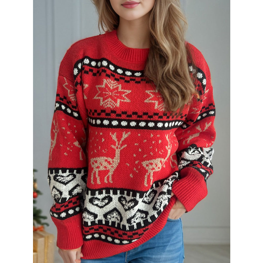 Christmas Element Round Neck Long Sleeve Sweater Deep Red / One Size Apparel and Accessories