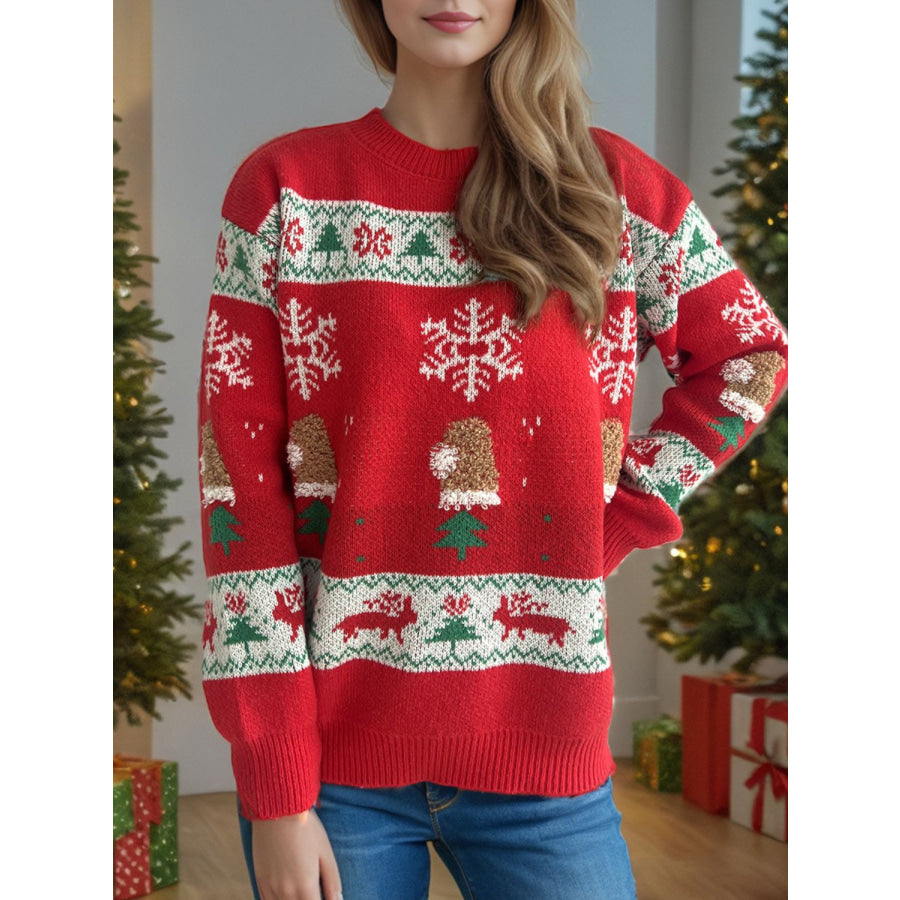 Christmas Element Round Neck Long Sleeve Sweater Deep Red / One Size Apparel and Accessories