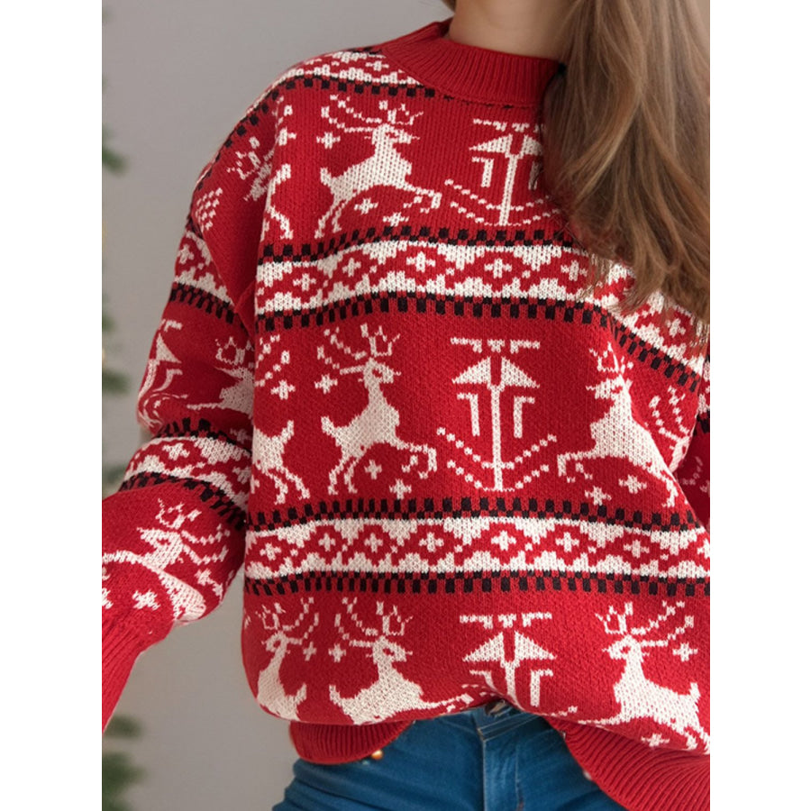 Christmas Element Round Neck Long Sleeve Sweater Deep Red / One Size Apparel and Accessories