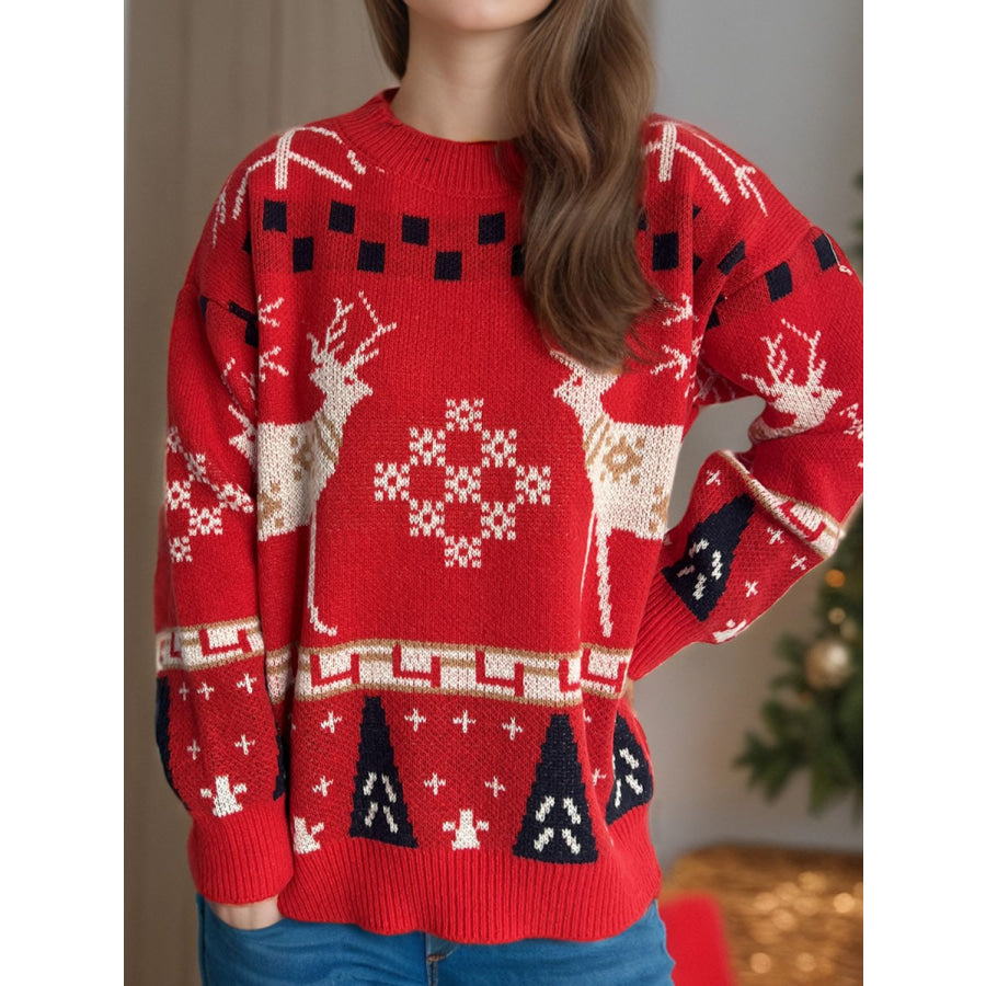 Christmas Element Round Neck Long Sleeve Sweater Deep Red / One Size Apparel and Accessories