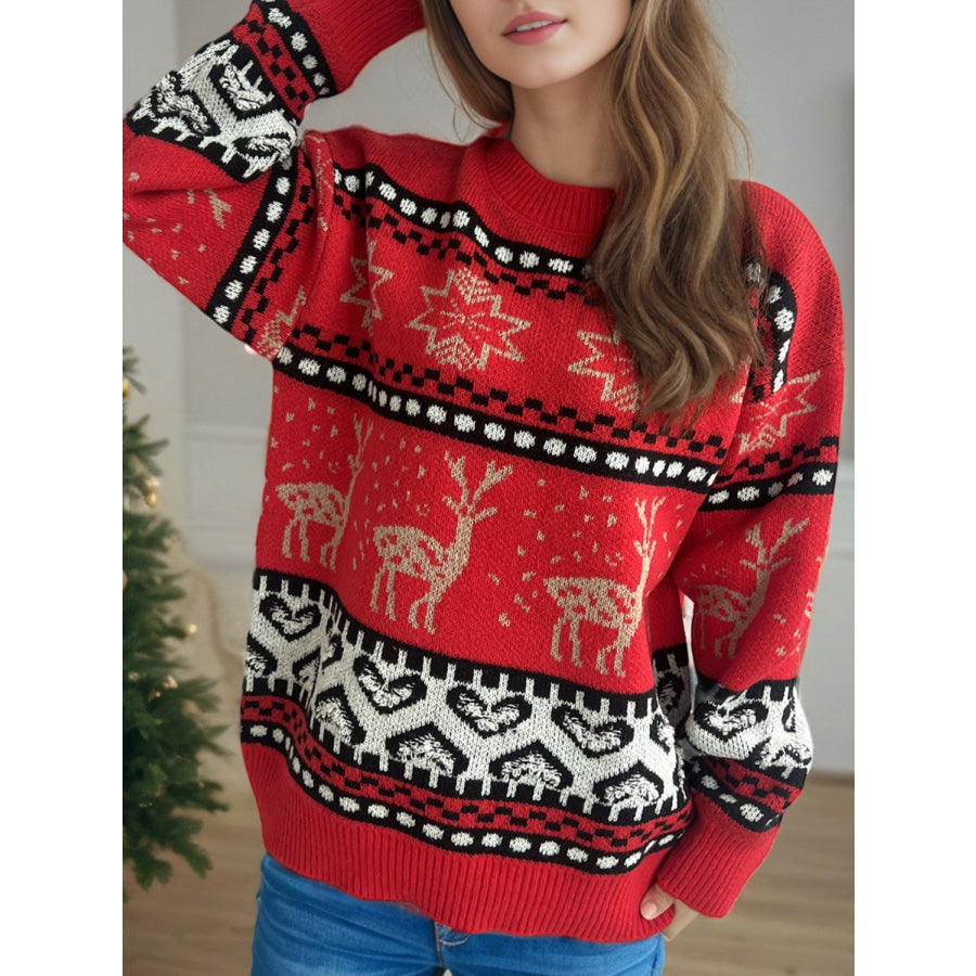 Christmas Element Round Neck Long Sleeve Sweater Deep Red / One Size Apparel and Accessories