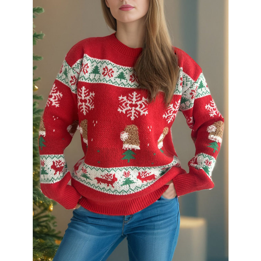 Christmas Element Round Neck Long Sleeve Sweater Deep Red / One Size Apparel and Accessories