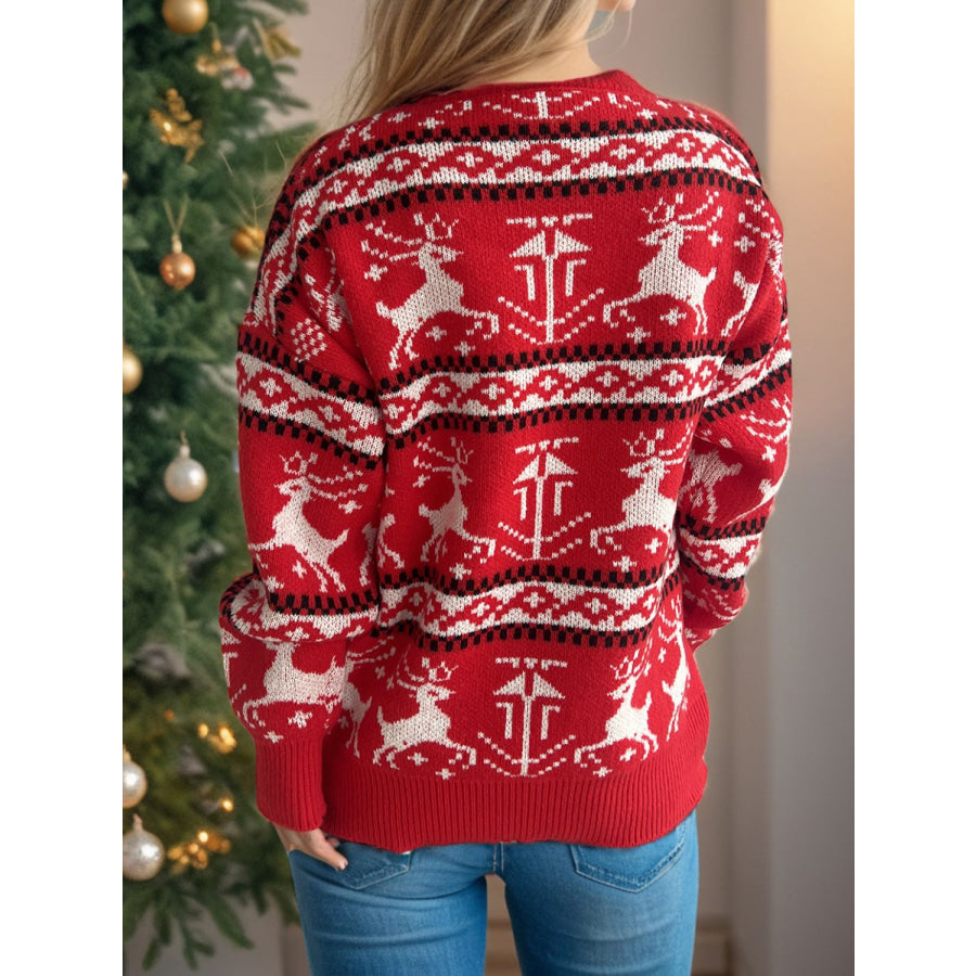 Christmas Element Round Neck Long Sleeve Sweater Deep Red / One Size Apparel and Accessories