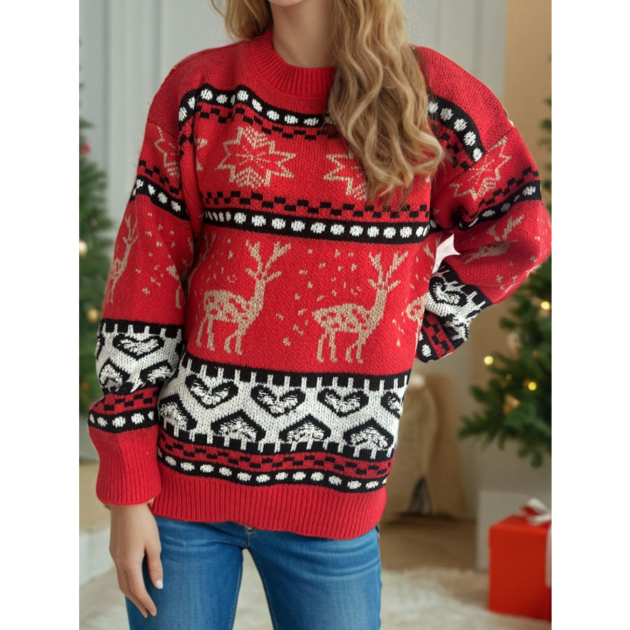 Christmas Element Round Neck Long Sleeve Sweater Deep Red / One Size Apparel and Accessories