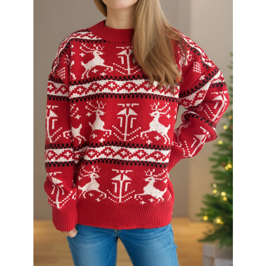 Christmas Element Round Neck Long Sleeve Sweater Deep Red / One Size Apparel and Accessories