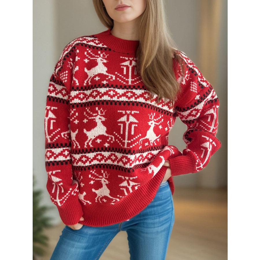 Christmas Element Round Neck Long Sleeve Sweater Deep Red / One Size Apparel and Accessories