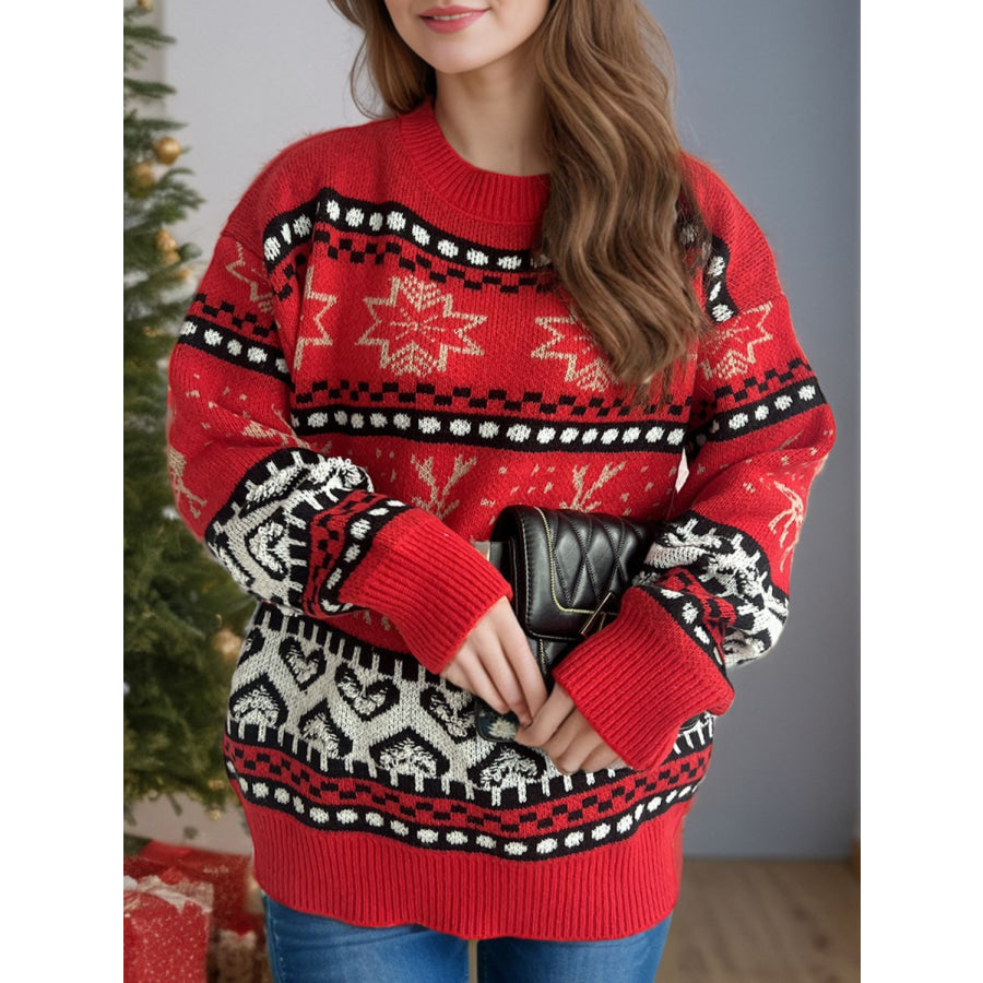 Christmas Element Round Neck Long Sleeve Sweater Deep Red / One Size Apparel and Accessories