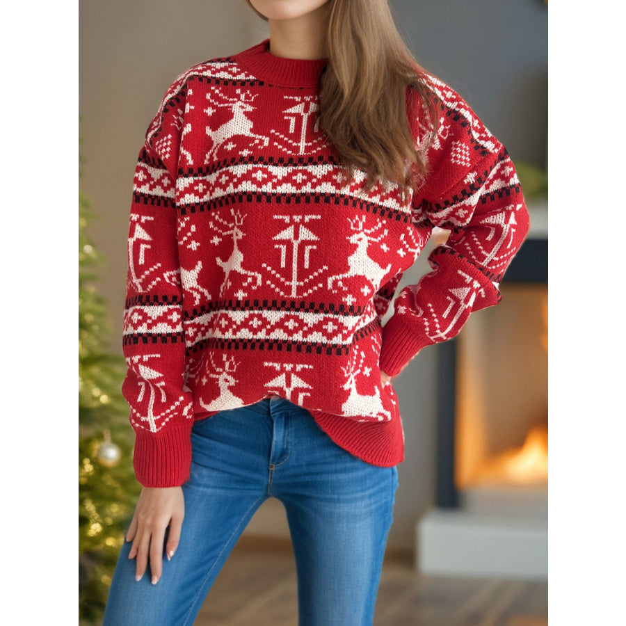 Christmas Element Round Neck Long Sleeve Sweater Deep Red / One Size Apparel and Accessories