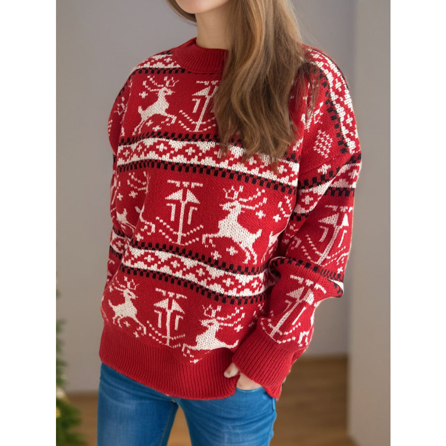 Christmas Element Round Neck Long Sleeve Sweater Deep Red / One Size Apparel and Accessories