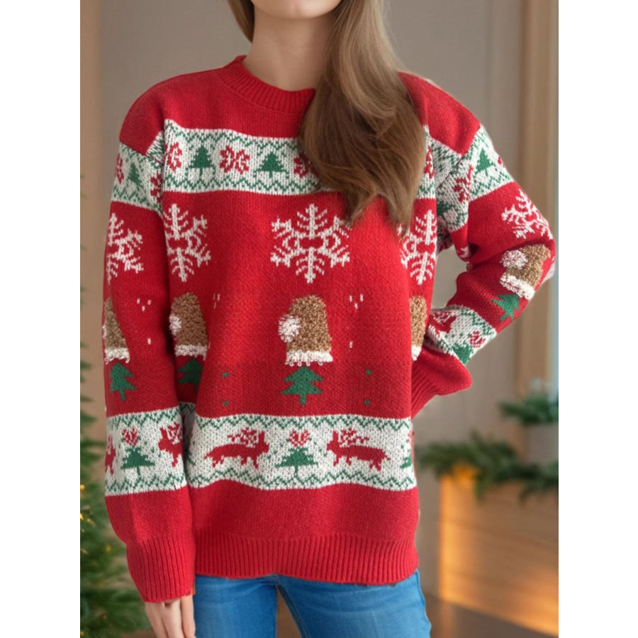 Christmas Element Round Neck Long Sleeve Sweater Deep Red / One Size Apparel and Accessories