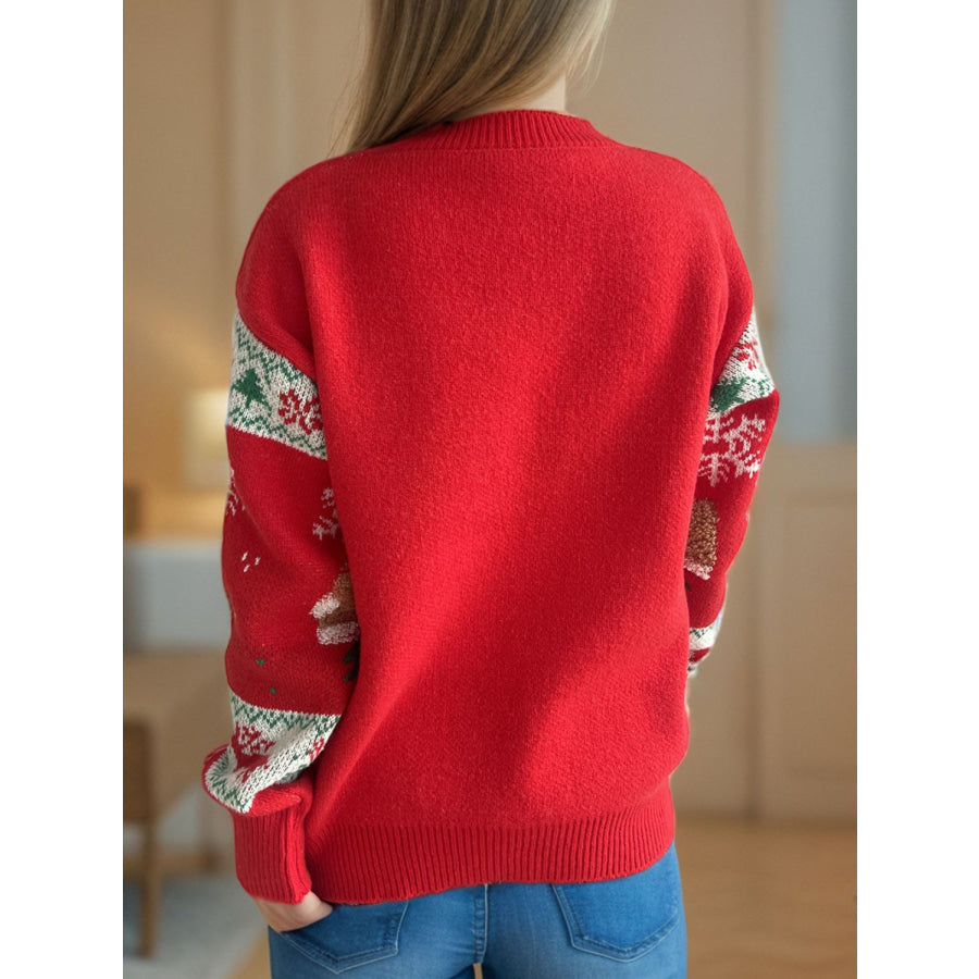 Christmas Element Round Neck Long Sleeve Sweater Deep Red / One Size Apparel and Accessories