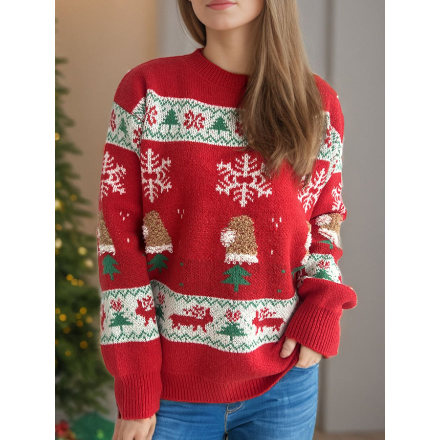 Christmas Element Round Neck Long Sleeve Sweater Deep Red / One Size Apparel and Accessories