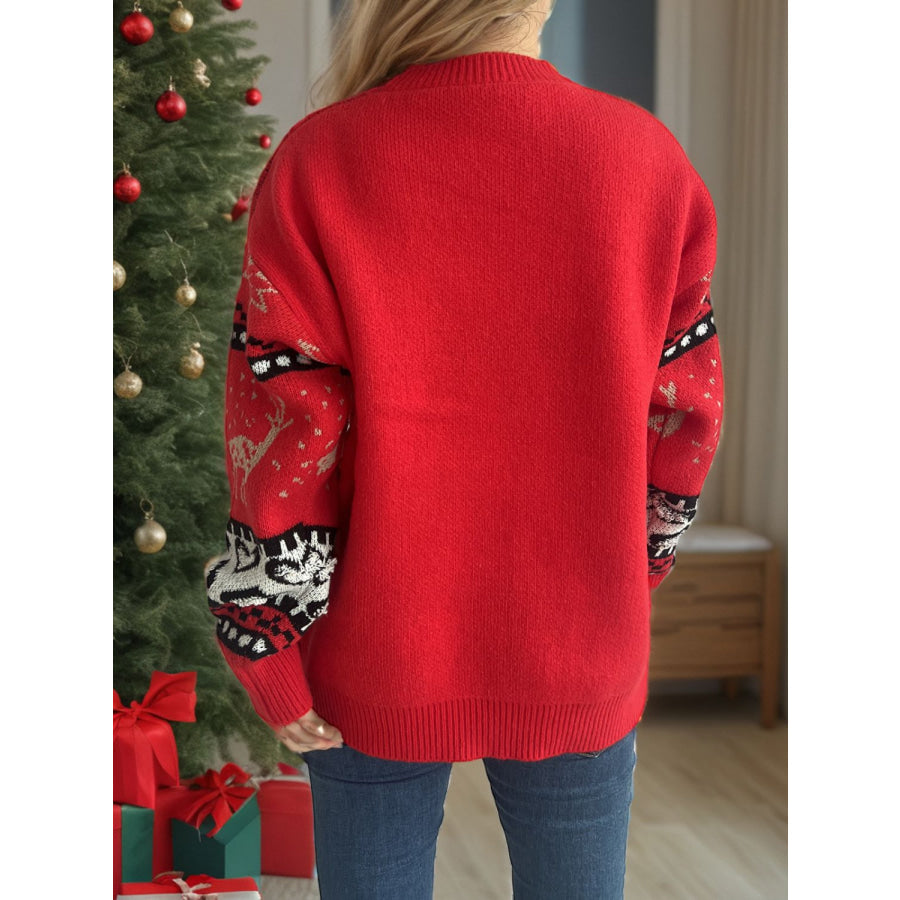 Christmas Element Round Neck Long Sleeve Sweater Deep Red / One Size Apparel and Accessories