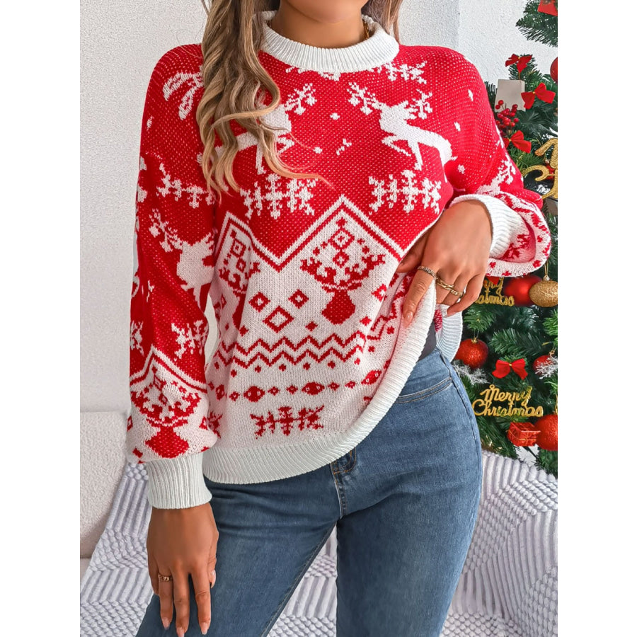 Christmas Element Round Neck Long Sleeve Sweater Red / S Apparel and Accessories