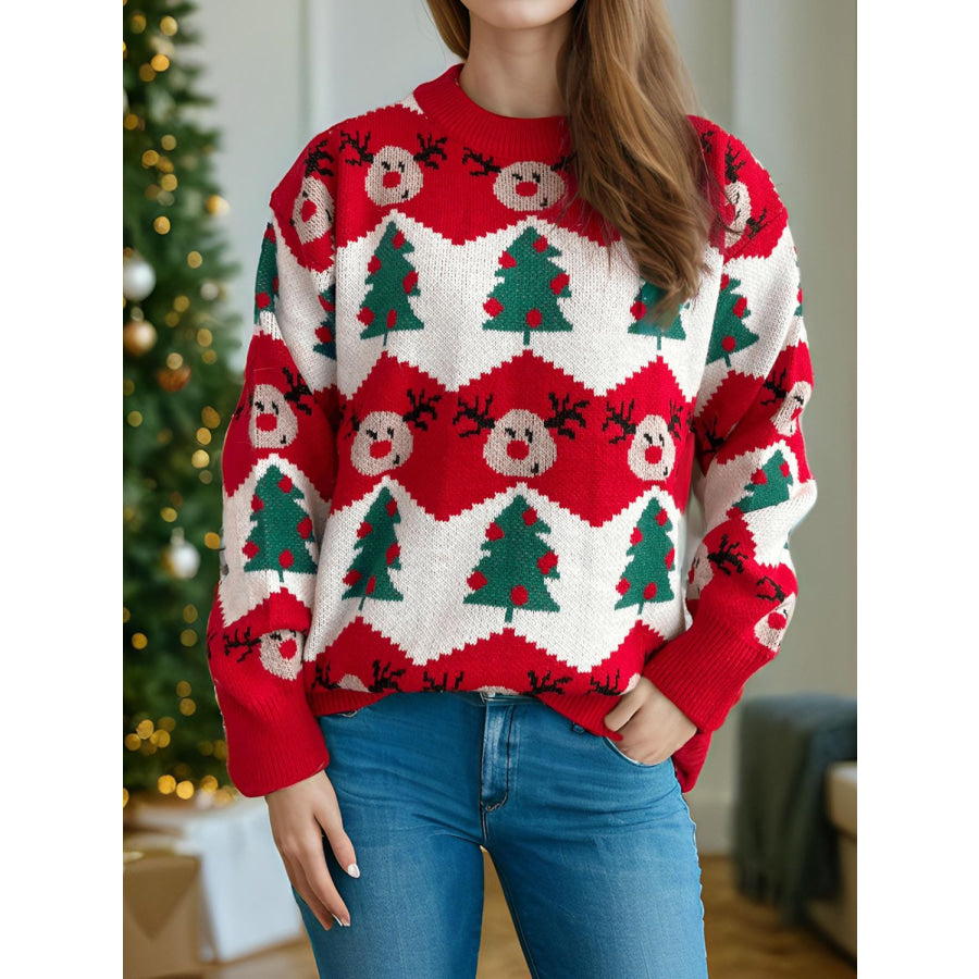 Christmas Element Round Neck Long Sleeve Sweater Scarlet / One Size Apparel and Accessories