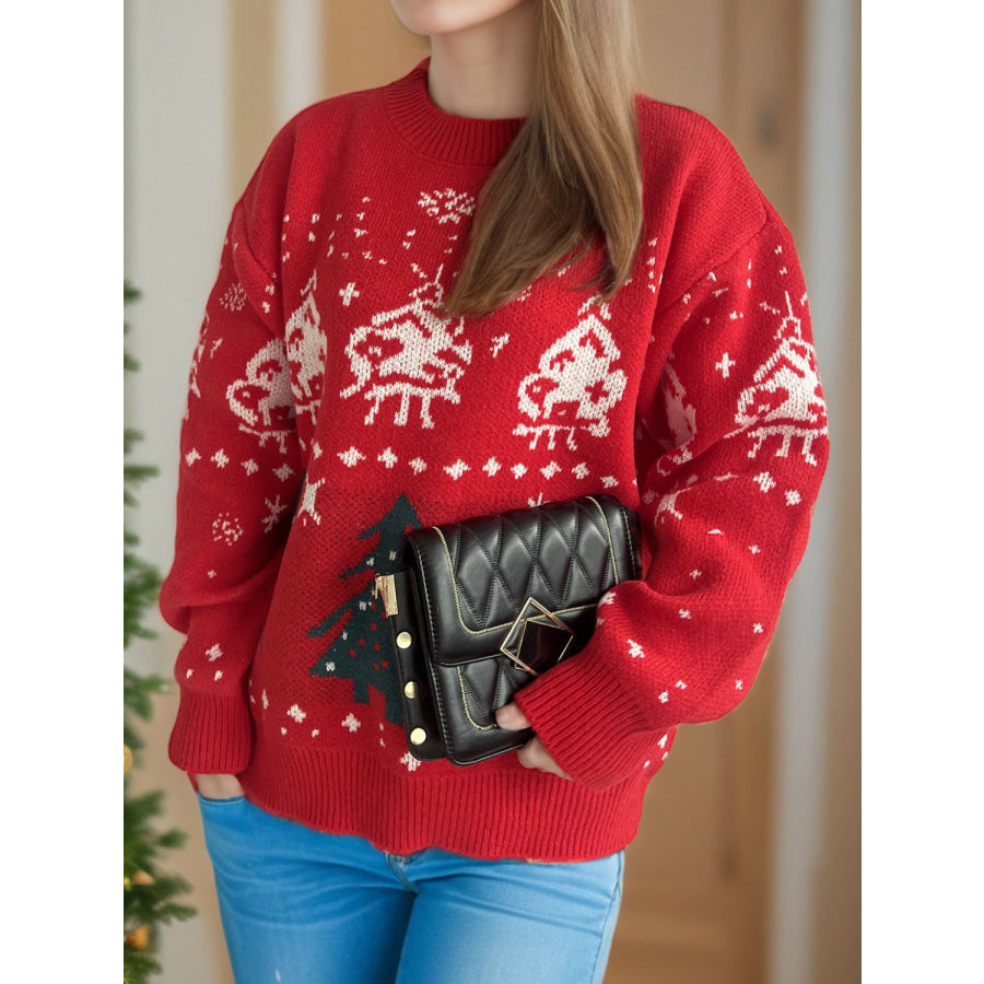 Christmas Element Round Neck Long Sleeve Sweater Scarlet / One Size Apparel and Accessories