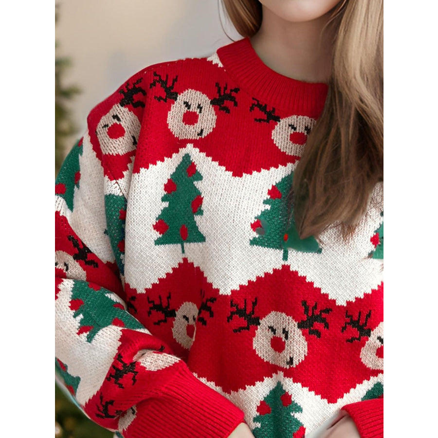 Christmas Element Round Neck Long Sleeve Sweater Scarlet / One Size Apparel and Accessories