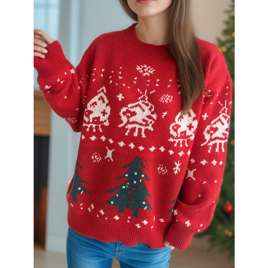 Christmas Element Round Neck Long Sleeve Sweater Scarlet / One Size Apparel and Accessories