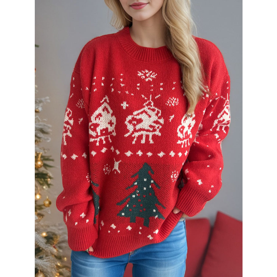 Christmas Element Round Neck Long Sleeve Sweater Scarlet / One Size Apparel and Accessories