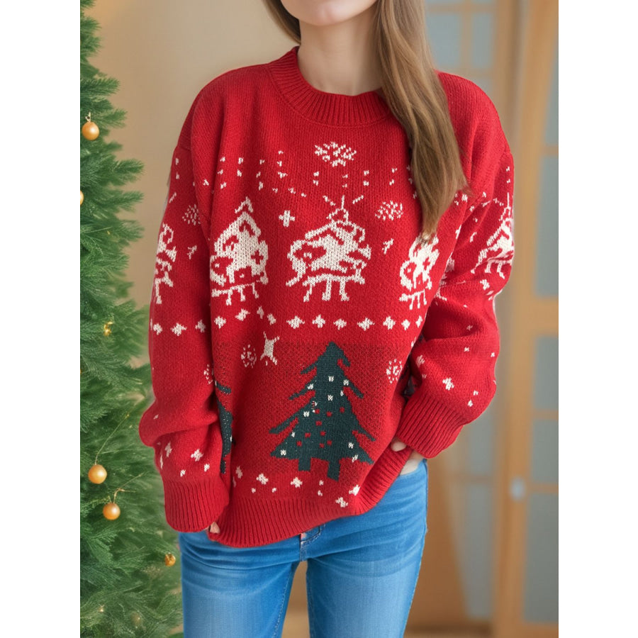 Christmas Element Round Neck Long Sleeve Sweater Scarlet / One Size Apparel and Accessories