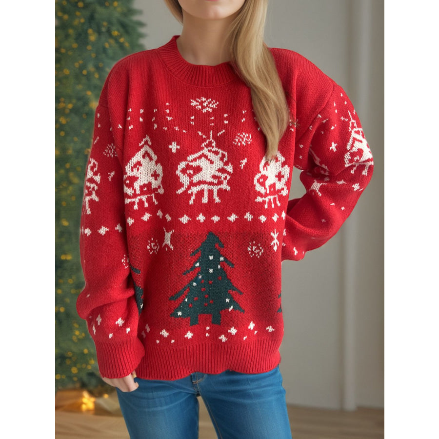 Christmas Element Round Neck Long Sleeve Sweater Scarlet / One Size Apparel and Accessories