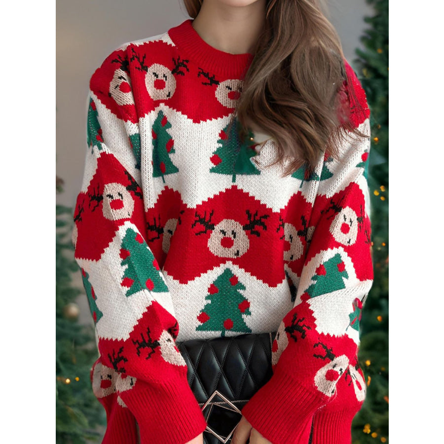 Christmas Element Round Neck Long Sleeve Sweater Scarlet / One Size Apparel and Accessories