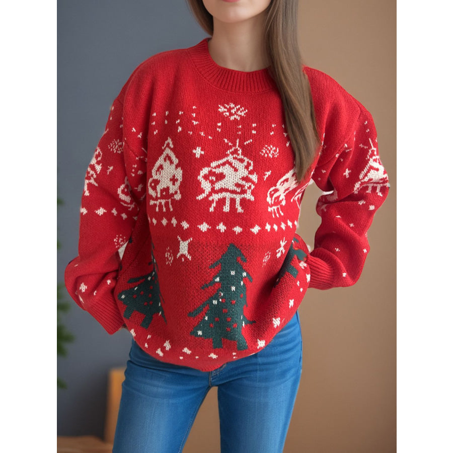 Christmas Element Round Neck Long Sleeve Sweater Scarlet / One Size Apparel and Accessories