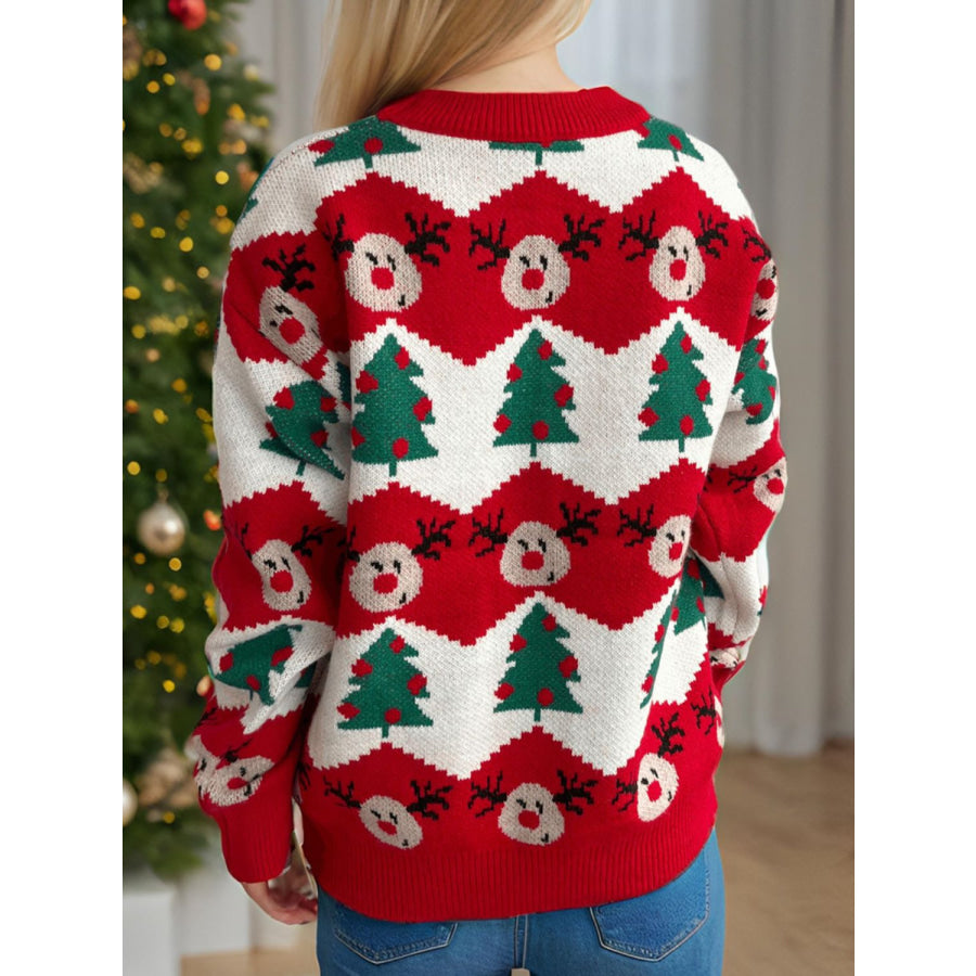 Christmas Element Round Neck Long Sleeve Sweater Scarlet / One Size Apparel and Accessories