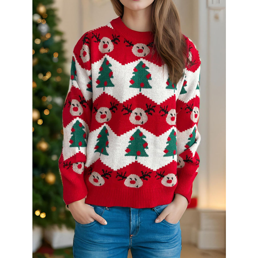 Christmas Element Round Neck Long Sleeve Sweater Scarlet / One Size Apparel and Accessories