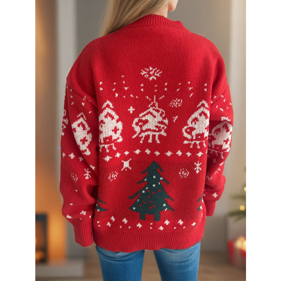 Christmas Element Round Neck Long Sleeve Sweater Scarlet / One Size Apparel and Accessories