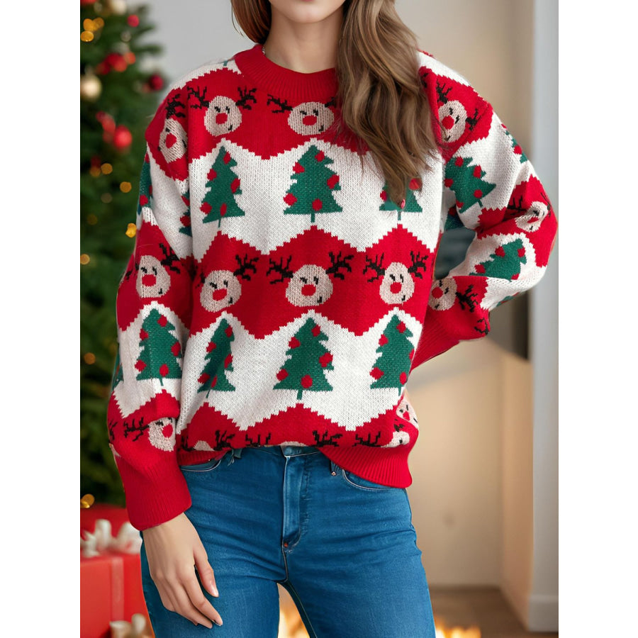 Christmas Element Round Neck Long Sleeve Sweater Scarlet / One Size Apparel and Accessories