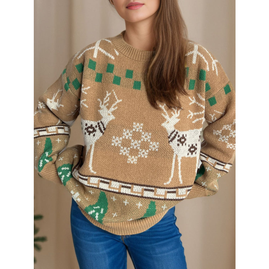 Christmas Element Round Neck Long Sleeve Sweater Tan / One Size Apparel and Accessories