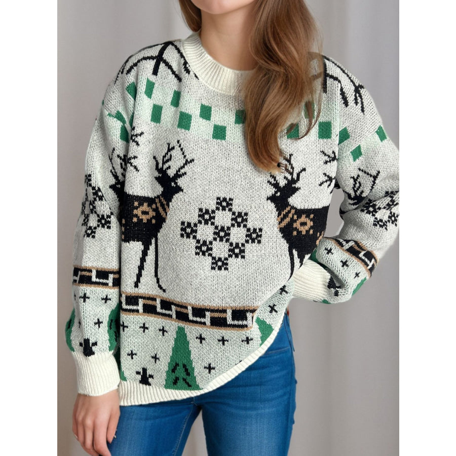 Christmas Element Round Neck Long Sleeve Sweater White / One Size Apparel and Accessories