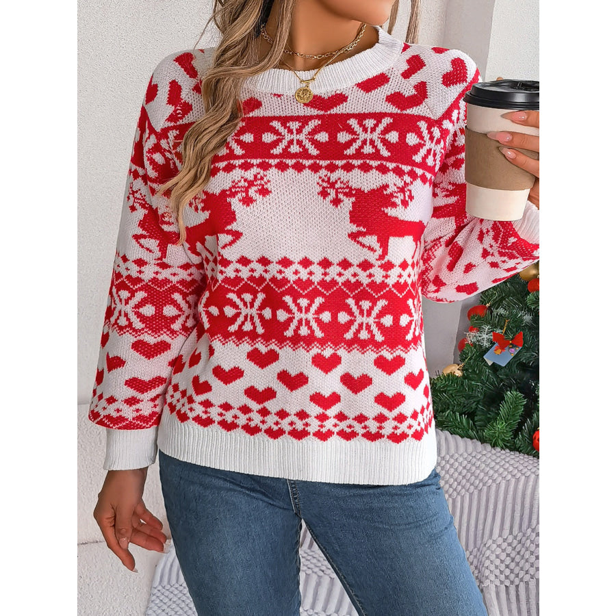 Christmas Element Round Neck Long Sleeve Sweater White / S Apparel and Accessories