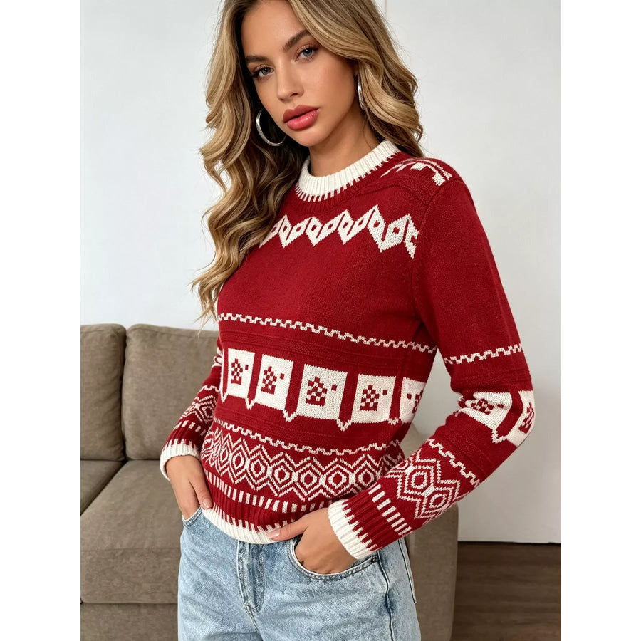Christmas Festive Fair Isle Patterned Crew Neck Sweater Apparel and Accessories