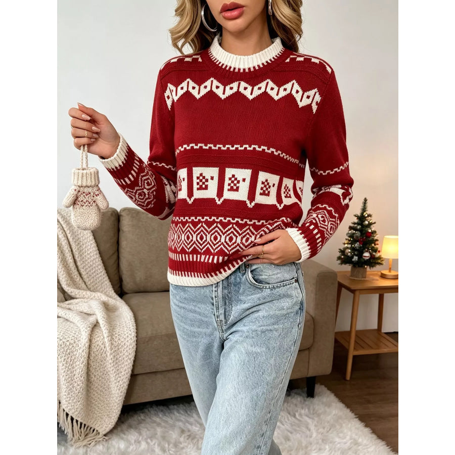 Christmas Festive Fair Isle Patterned Crew Neck Sweater Apparel and Accessories