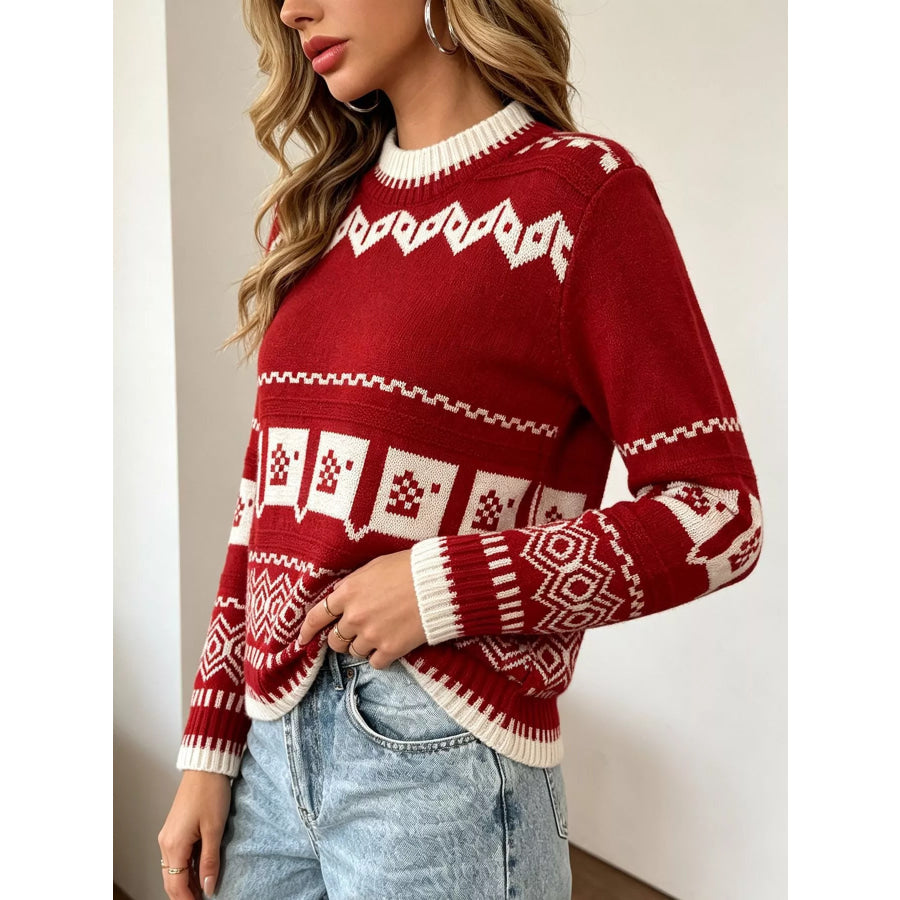 Christmas Festive Fair Isle Patterned Crew Neck Sweater Apparel and Accessories