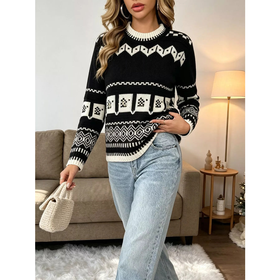 Christmas Festive Fair Isle Patterned Crew Neck Sweater Apparel and Accessories