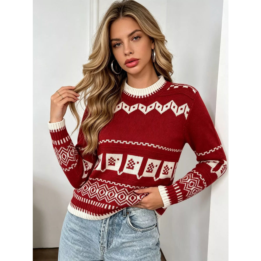 Christmas Festive Fair Isle Patterned Crew Neck Sweater Apparel and Accessories