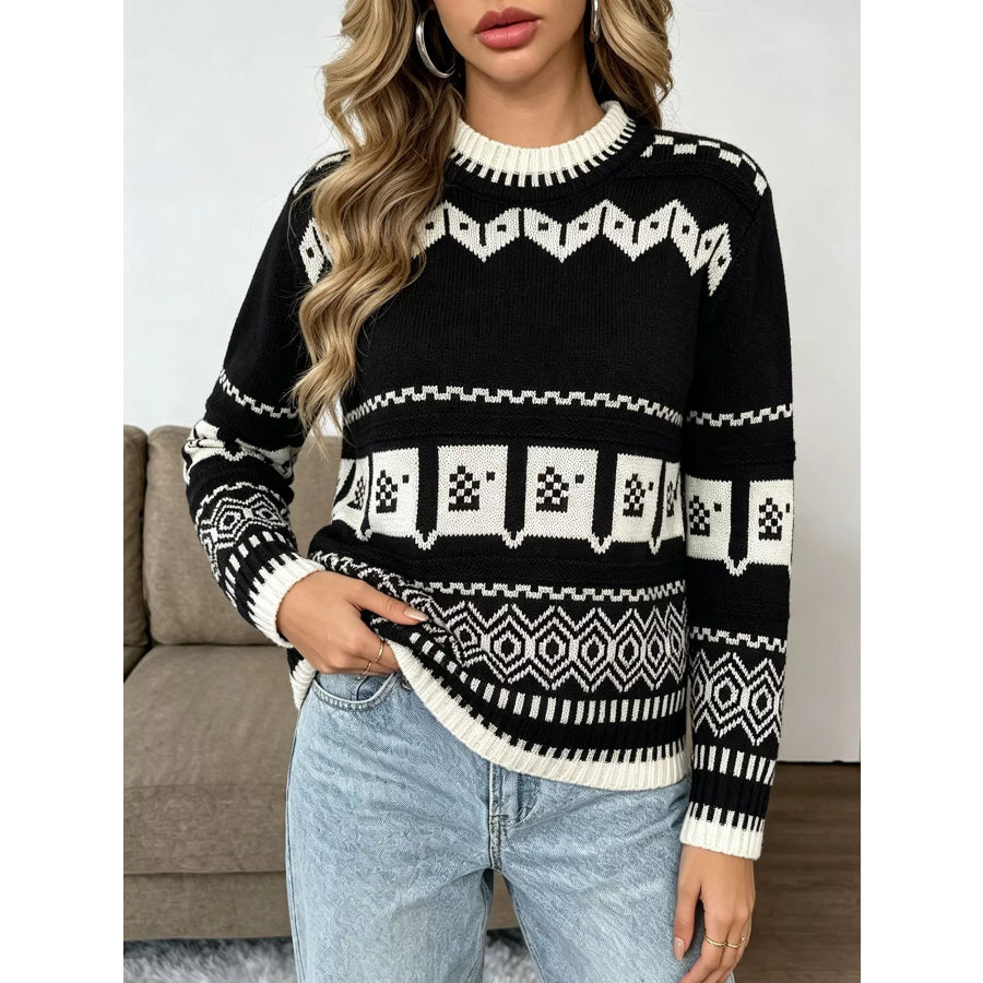 Christmas Festive Fair Isle Patterned Crew Neck Sweater Black / One Size Apparel and Accessories