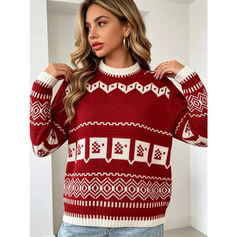Christmas Festive Fair Isle Patterned Crew Neck Sweater Red / One Size Apparel and Accessories