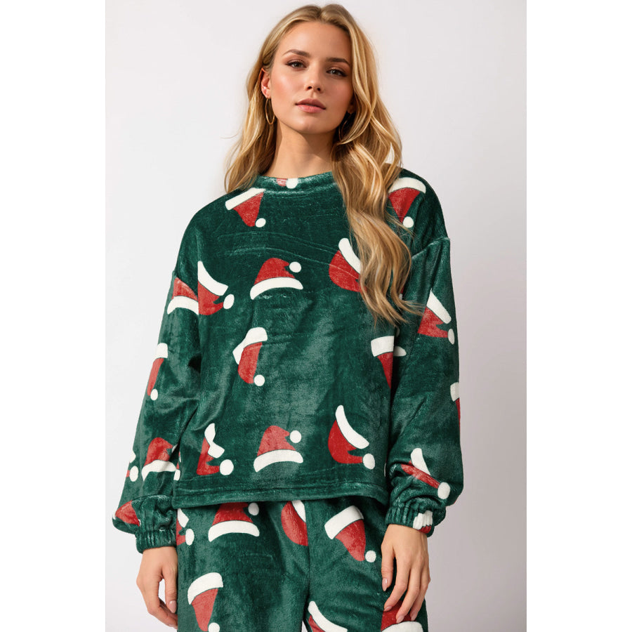 Christmas Hat Pattern Round Neck Long Sleeve Top and Pants Set Apparel and Accessories