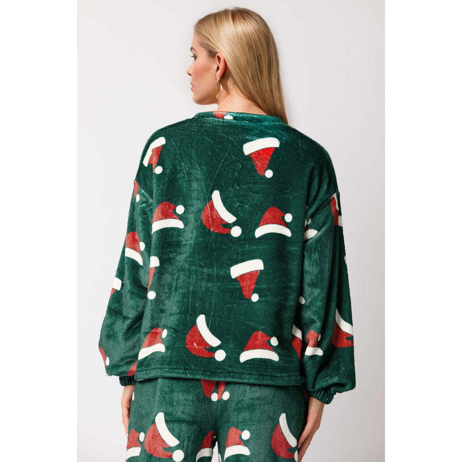 Christmas Hat Pattern Round Neck Long Sleeve Top and Pants Set Apparel and Accessories