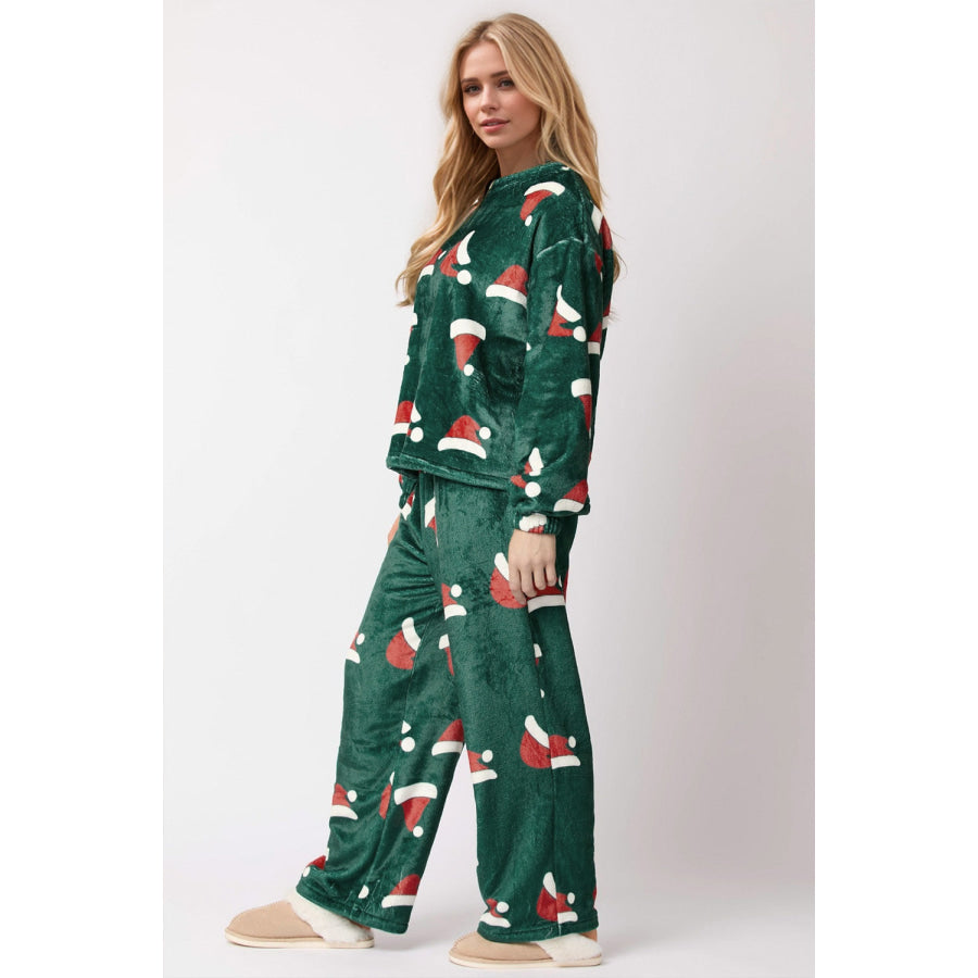 Christmas Hat Pattern Round Neck Long Sleeve Top and Pants Set Apparel and Accessories